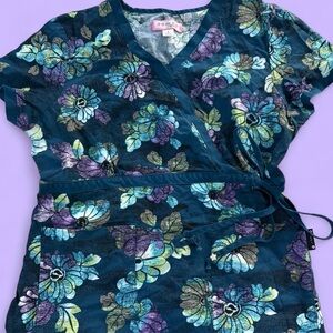 Floral Wrap Y2K Koi Kathy Peterson Scrub Top in Teal with Multicolor Blooms